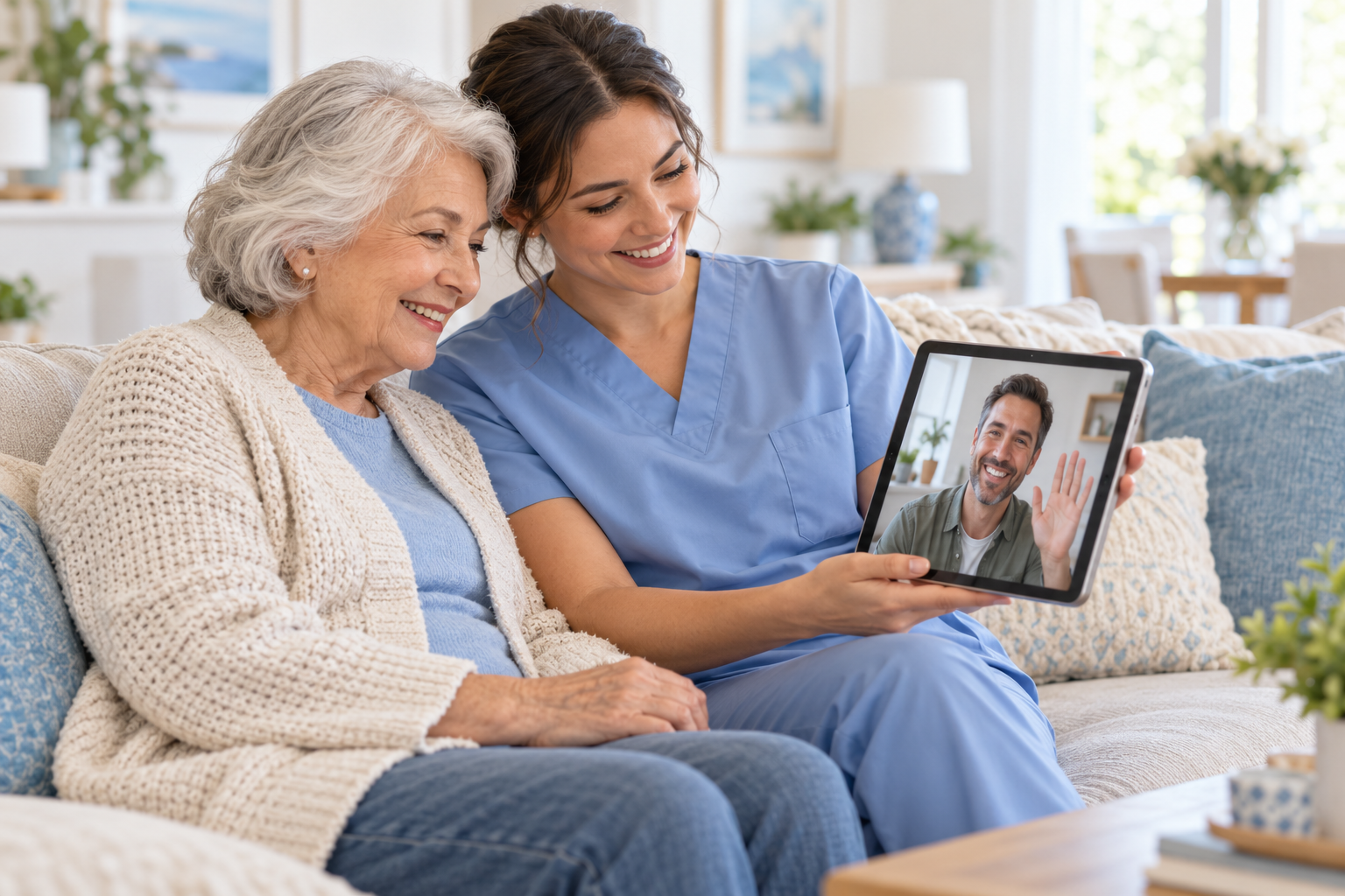 Illustration of an older woman and her caregiver speaking with a family member by video on a tablet